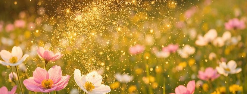 meadow of pink and white wildflowers with golden sunlight and pollen dust sparkling in the air