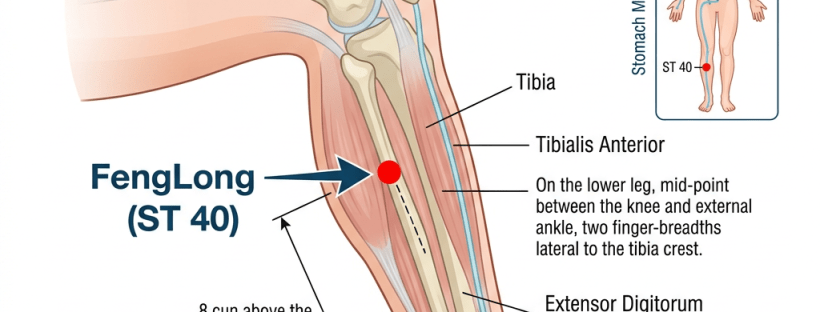 Feng Long (ST 40) acupuncture point on the lower leg between knee and ankle lateral to tibia.