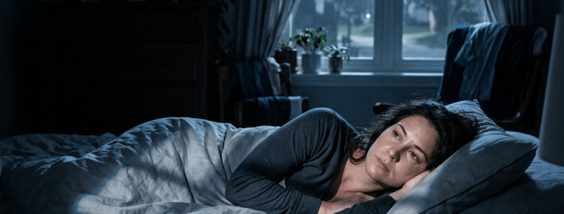 Woman lying in bed awake at night with moon visible outside window