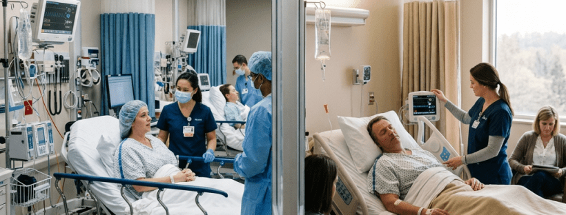 Patients in hospital beds with medical staff attending in pre-op and post-op rooms