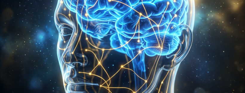 Transparent human head with glowing blue brain and golden neural network connections