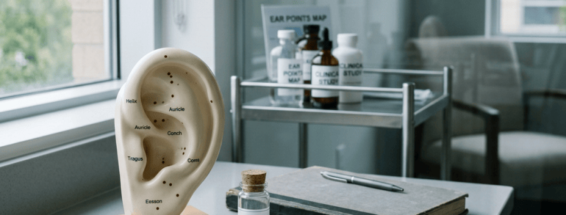 Labeled anatomical ear model beside sterile acupressure beads and clinic supplies