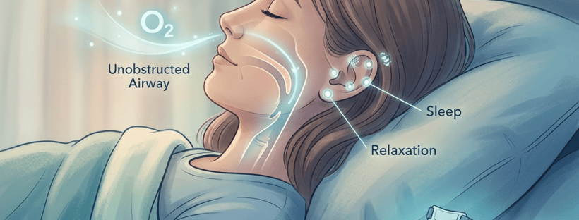 Sleeping woman using a CPAP device with labels for O2, unobstructed airway, sleep, and relaxation