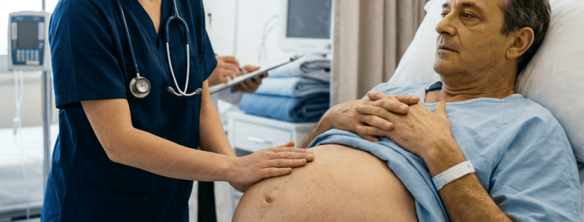 Nurse examining a hospitalized man's abdomen beside medical equipment